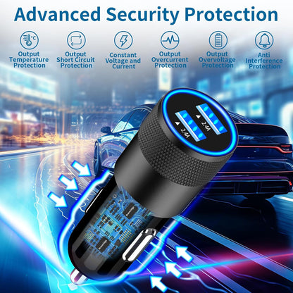 [Apple Mfi Certified] Iphone Fast Car Charger,  2Pack 4.8A Dual USB Car Power Cigarette Lighter USB Car Carplay Charger with Lightning Braided Cable for Iphone 14 13 12 11 Pro XS XR X 8 Ipad