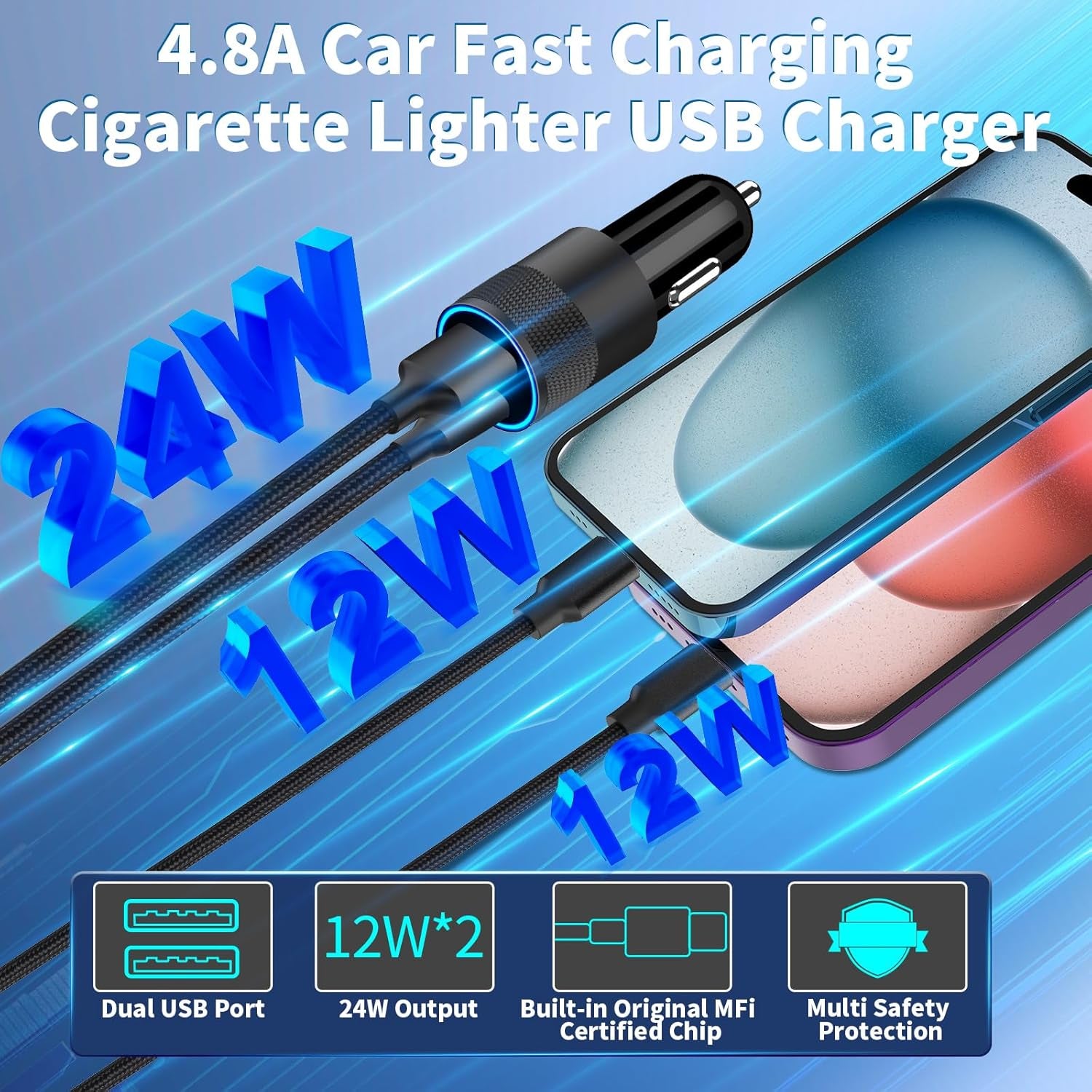 [Apple Mfi Certified] Iphone Fast Car Charger,  2Pack 4.8A Dual USB Car Power Cigarette Lighter USB Car Carplay Charger with Lightning Braided Cable for Iphone 14 13 12 11 Pro XS XR X 8 Ipad
