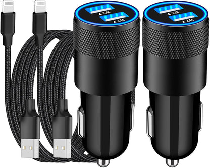 [Apple Mfi Certified] Iphone Fast Car Charger,  2Pack 4.8A Dual USB Car Power Cigarette Lighter USB Car Carplay Charger with Lightning Braided Cable for Iphone 14 13 12 11 Pro XS XR X 8 Ipad
