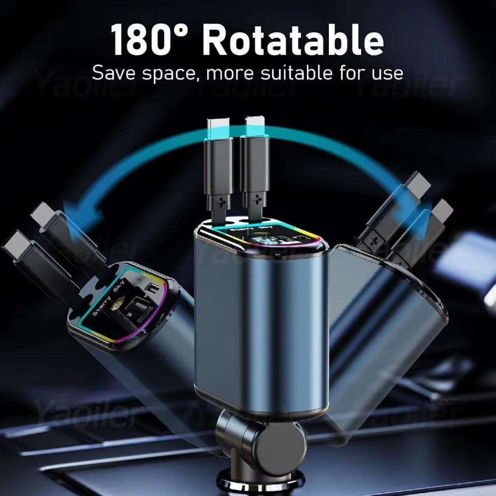 Starlight Retractable Car Charger,120W 4-In-1 Car Accessories,Usb-C Fast Car Phone Charger Adapter with 2 USB Ports,For Iphone