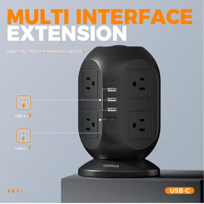 Power Strip Tower, 10 Ft. Flat 12-Outlets, Surge Protector with 8 AC Outlets 4 USB Ports