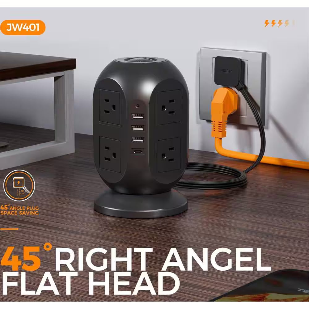 Power Strip Tower, 10 Ft. Flat 12-Outlets, Surge Protector with 8 AC Outlets 4 USB Ports