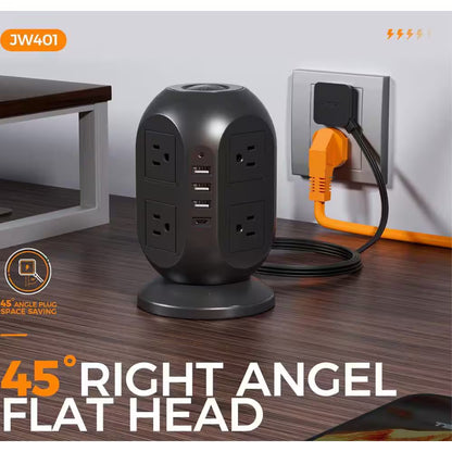 Power Strip Tower, 10 Ft. Flat 12-Outlets, Surge Protector with 8 AC Outlets 4 USB Ports