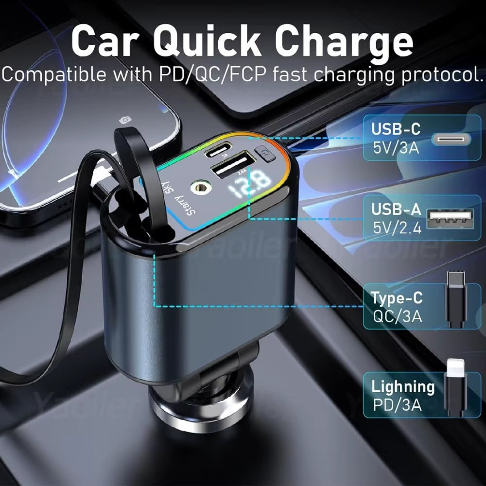 Starlight Retractable Car Charger,120W 4-In-1 Car Accessories,Usb-C Fast Car Phone Charger Adapter with 2 USB Ports,For Iphone