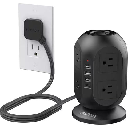 Power Strip Tower, 10 Ft. Flat 12-Outlets, Surge Protector with 8 AC Outlets 4 USB Ports