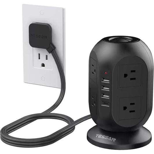 Power Strip Tower, 10 Ft. Flat 12-Outlets, Surge Protector with 8 AC Outlets 4 USB Ports