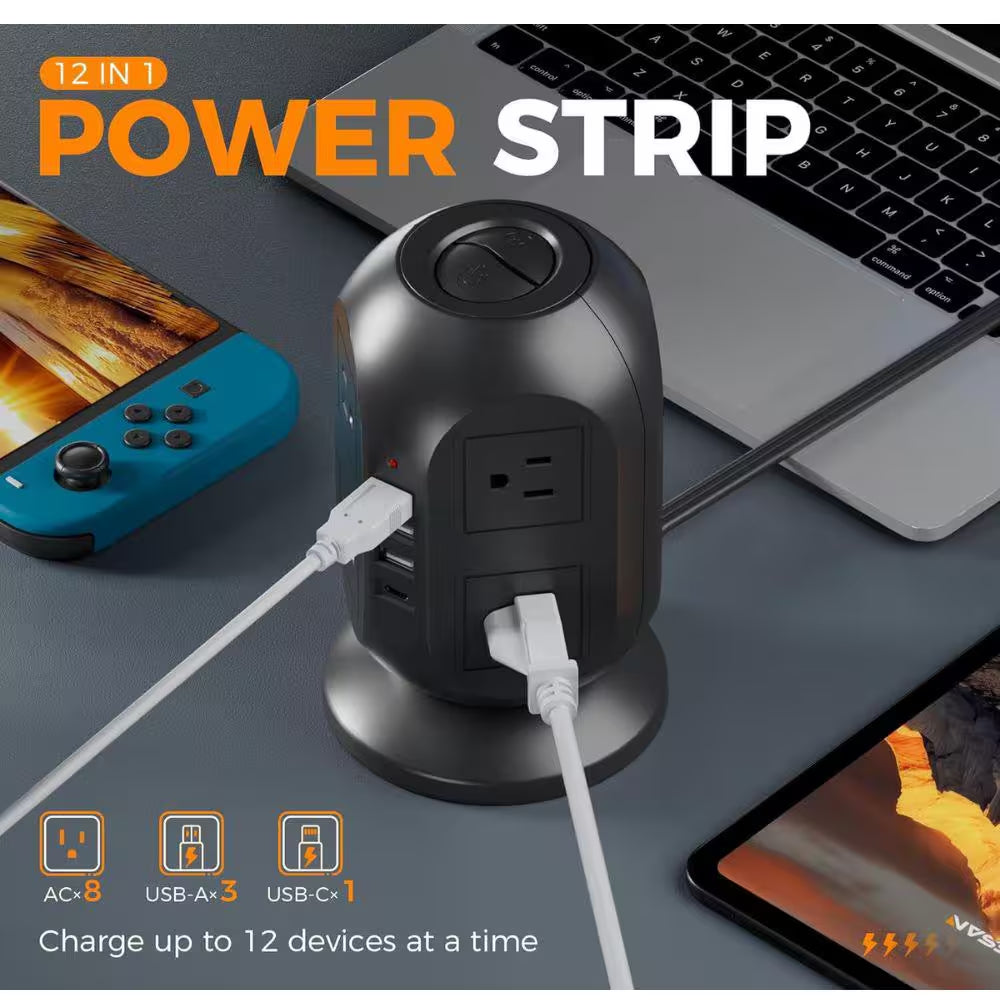 Power Strip Tower, 10 Ft. Flat 12-Outlets, Surge Protector with 8 AC Outlets 4 USB Ports