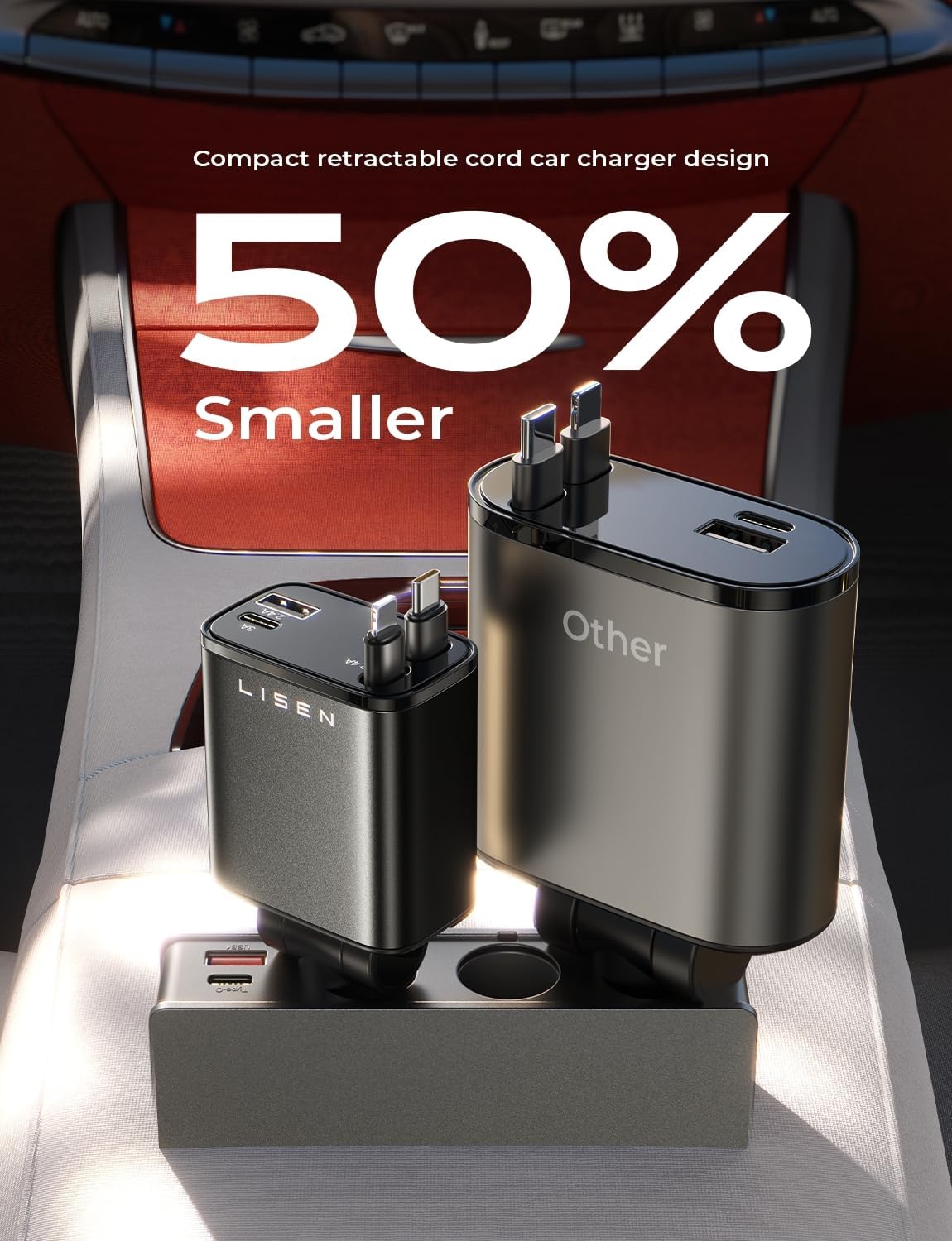 LISEN Retractable Car Charger, 69W Cars Adapter USB C Fast Charger