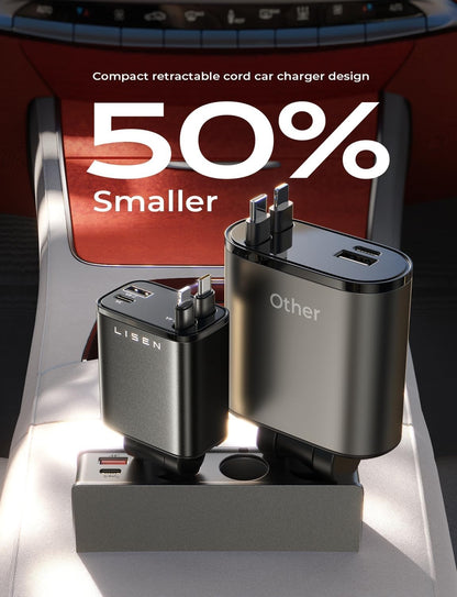 LISEN Retractable Car Charger, 69W Cars Adapter USB C Fast Charger